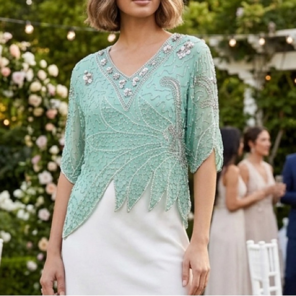 Vintage 90s Beaded Sequin Seagreen Fairycore Asymmetrical Hem Formal blouse